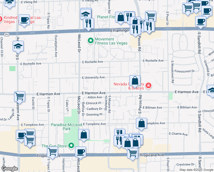 map of restaurants, bars, coffee shops, grocery stores, and more near 4454 Harmony Court in Las Vegas