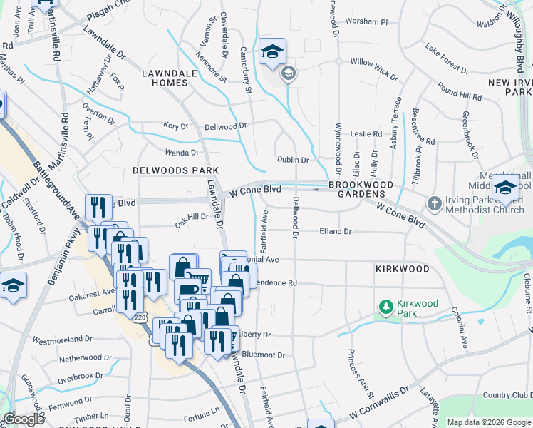 map of restaurants, bars, coffee shops, grocery stores, and more near 1912 Efland Drive in Greensboro