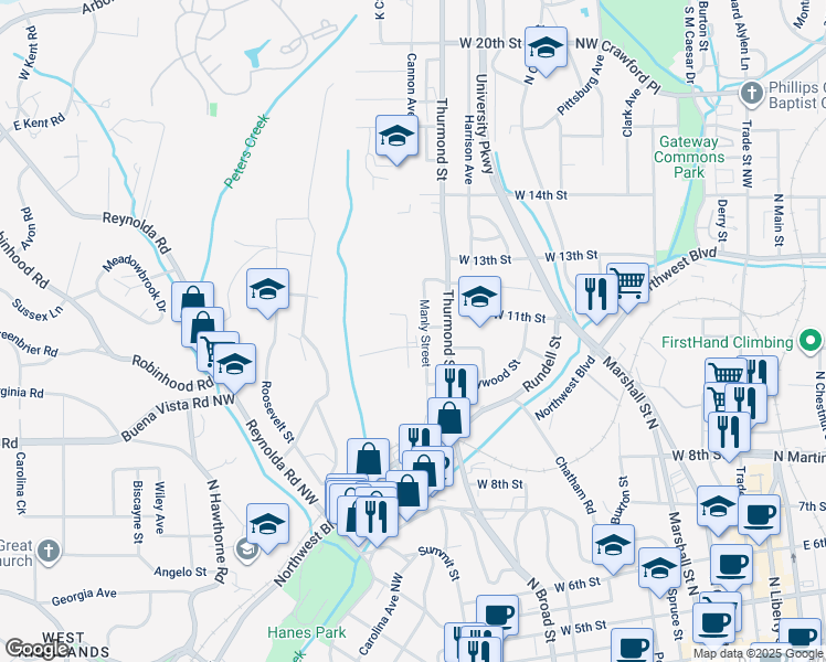 map of restaurants, bars, coffee shops, grocery stores, and more near Shrub Street in Winston-Salem