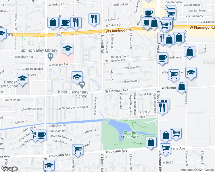 map of restaurants, bars, coffee shops, grocery stores, and more near 5493 Indian River Drive in Las Vegas