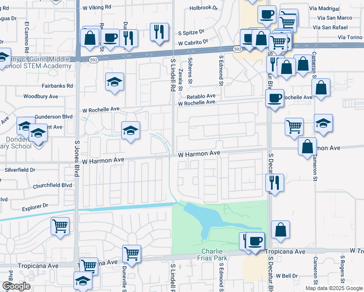 map of restaurants, bars, coffee shops, grocery stores, and more near 5493 Indian River Drive in Las Vegas