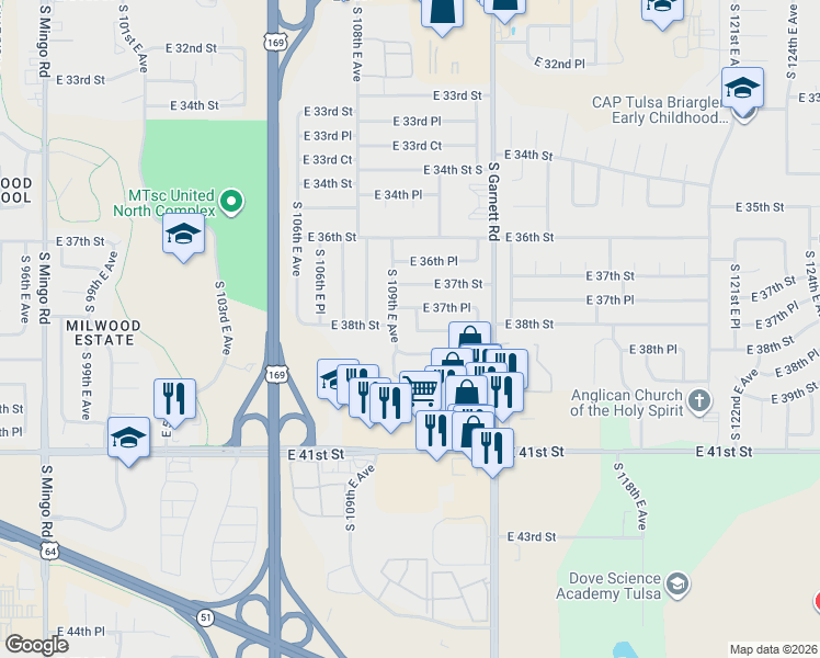 map of restaurants, bars, coffee shops, grocery stores, and more near 3720 South 110th East Avenue in Tulsa