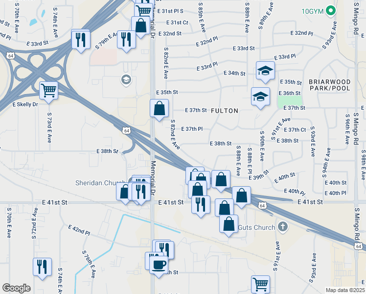 map of restaurants, bars, coffee shops, grocery stores, and more near 8214 East 38th Street in Tulsa