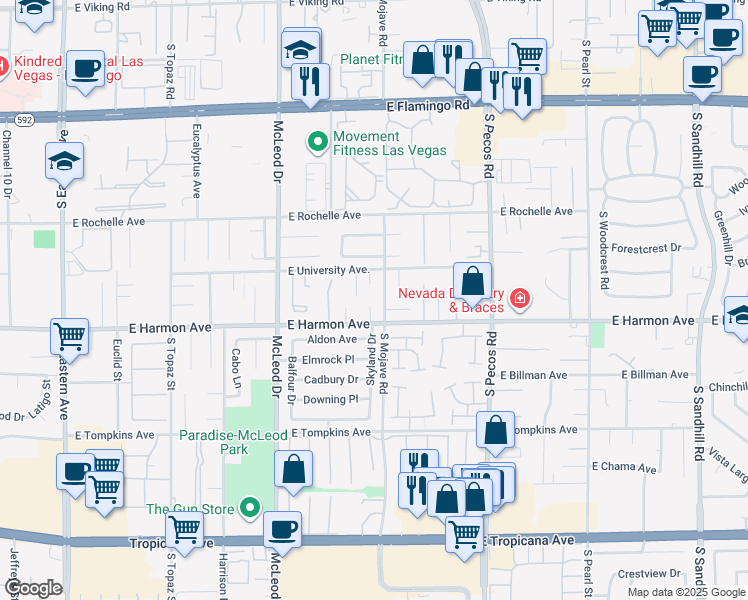 map of restaurants, bars, coffee shops, grocery stores, and more near 4454 Harmony Court in Las Vegas