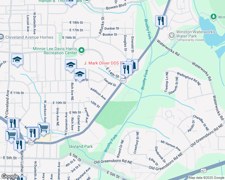 map of restaurants, bars, coffee shops, grocery stores, and more near 2437 New Walkertown Road in Winston-Salem