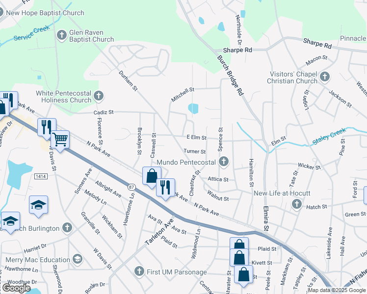 map of restaurants, bars, coffee shops, grocery stores, and more near 1403 Durham Street in Burlington