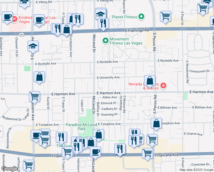 map of restaurants, bars, coffee shops, grocery stores, and more near 4457 Tomer Lane in Las Vegas