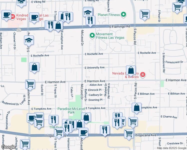 map of restaurants, bars, coffee shops, grocery stores, and more near 4457 Tomer Lane in Las Vegas