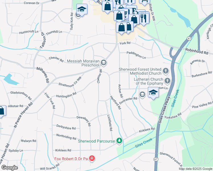 map of restaurants, bars, coffee shops, grocery stores, and more near 748 Hertford Road in Winston-Salem