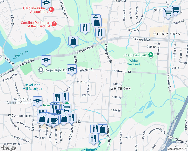 map of restaurants, bars, coffee shops, grocery stores, and more near 900 Sixteenth Street in Greensboro