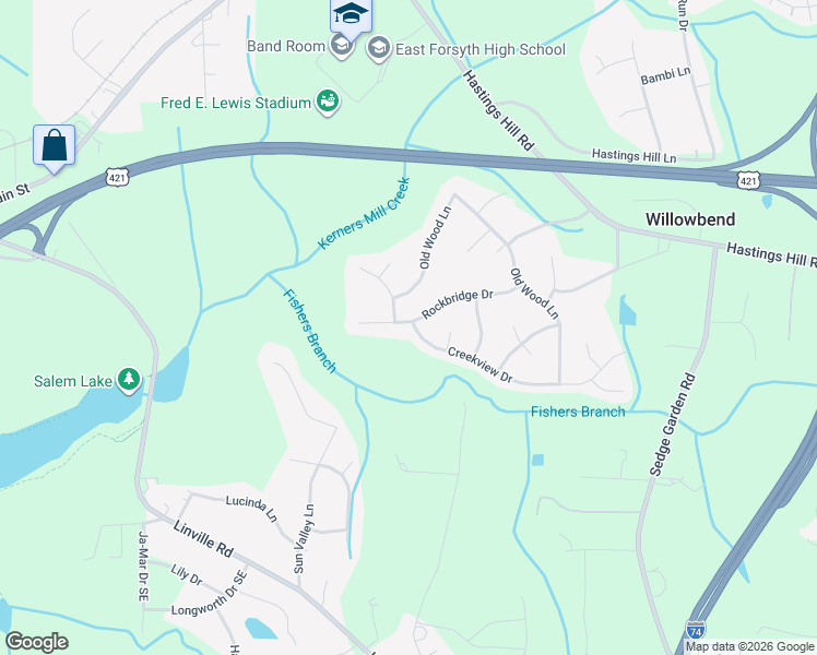 map of restaurants, bars, coffee shops, grocery stores, and more near 125 Creekview Drive in Kernersville