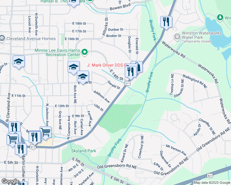 map of restaurants, bars, coffee shops, grocery stores, and more near 2437 New Walkertown Road in Winston-Salem