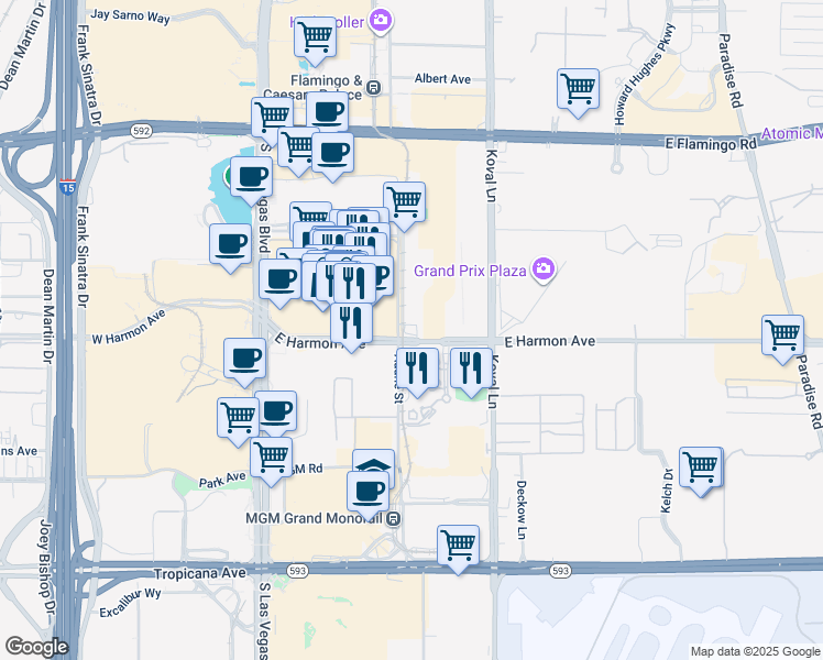 map of restaurants, bars, coffee shops, grocery stores, and more near 110 East Harmon Avenue in Las Vegas