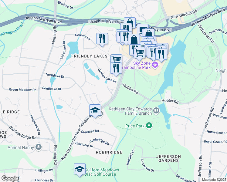 map of restaurants, bars, coffee shops, grocery stores, and more near 1429 New Garden Road in Greensboro