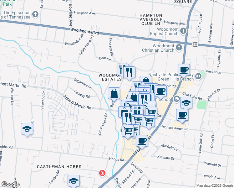 map of restaurants, bars, coffee shops, grocery stores, and more near Bedford Avenue in Nashville