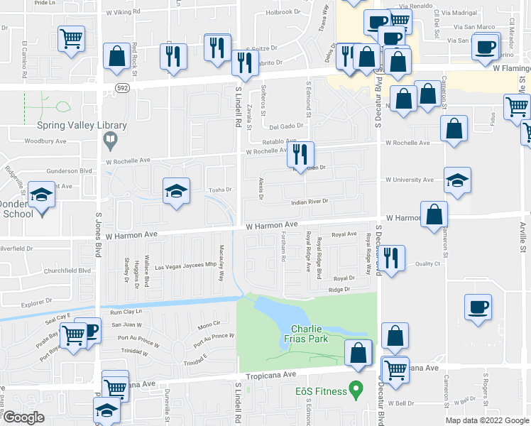 map of restaurants, bars, coffee shops, grocery stores, and more near 5383 Indian River Drive in Las Vegas
