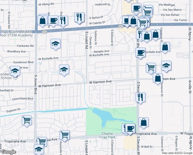 map of restaurants, bars, coffee shops, grocery stores, and more near 5383 Indian River Drive in Las Vegas