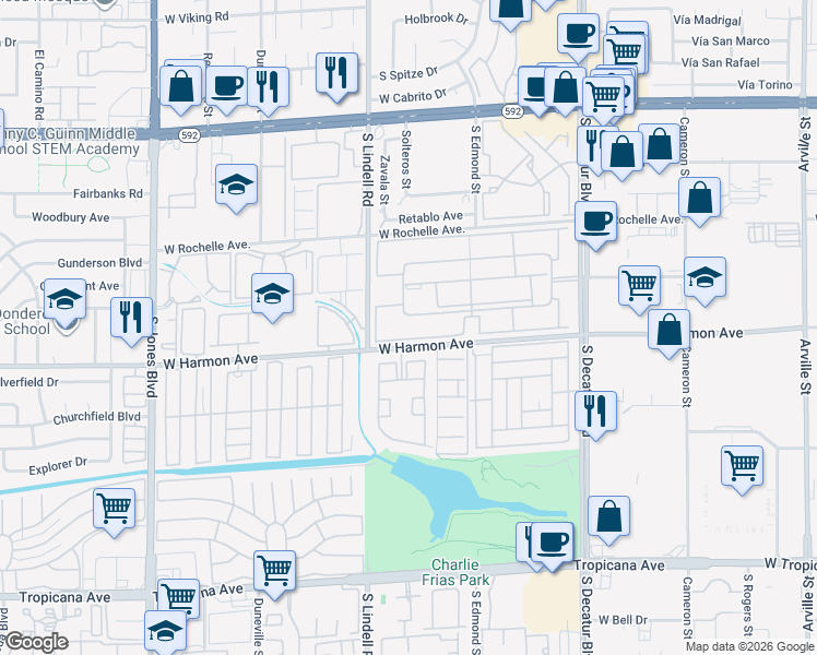 map of restaurants, bars, coffee shops, grocery stores, and more near 5499 Indian River Drive in Las Vegas