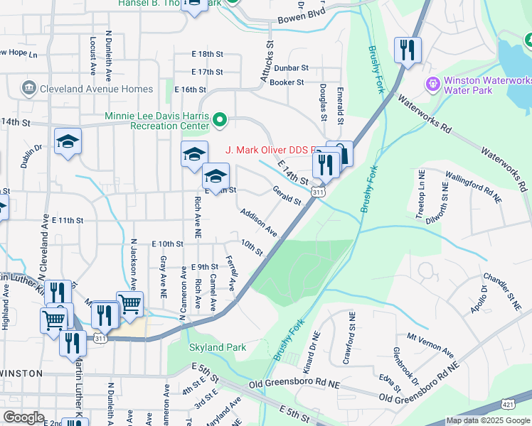 map of restaurants, bars, coffee shops, grocery stores, and more near 2308 Slater Avenue in Winston-Salem