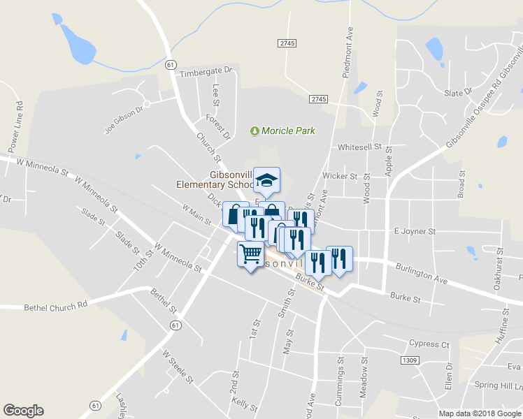 map of restaurants, bars, coffee shops, grocery stores, and more near 211 North Wharton Avenue in Gibsonville