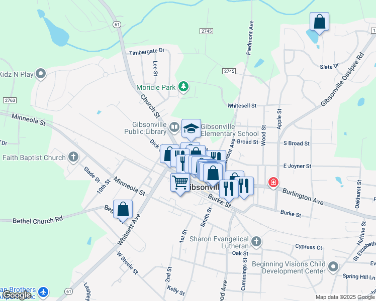 map of restaurants, bars, coffee shops, grocery stores, and more near 211 North Wharton Avenue in Gibsonville