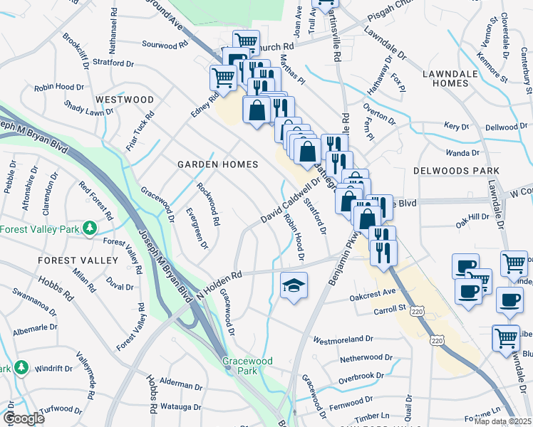 map of restaurants, bars, coffee shops, grocery stores, and more near 2700 Shady Lawn Drive in Greensboro