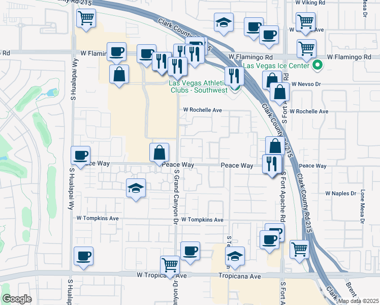 map of restaurants, bars, coffee shops, grocery stores, and more near 9750 Peace Way in Las Vegas