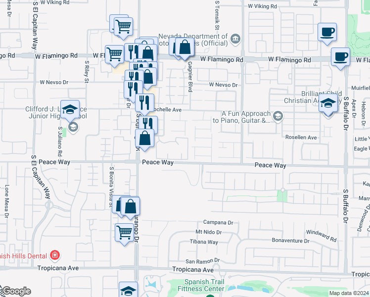map of restaurants, bars, coffee shops, grocery stores, and more near 8501 West University Avenue in Las Vegas
