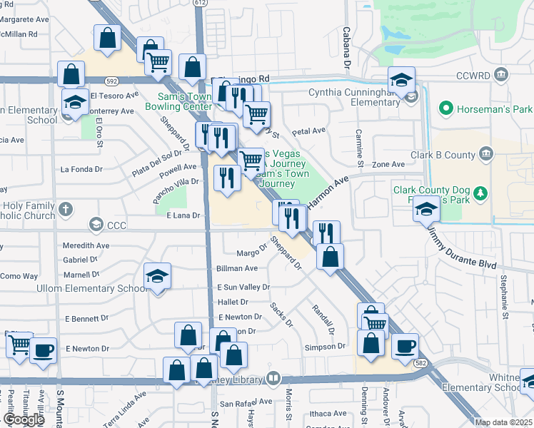 map of restaurants, bars, coffee shops, grocery stores, and more near 5230 Boulder Highway in Las Vegas