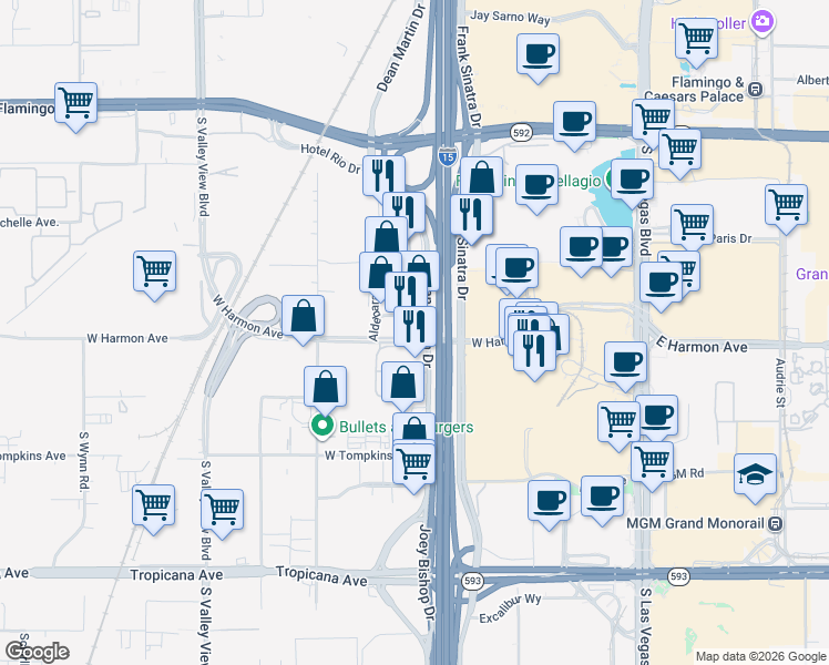 map of restaurants, bars, coffee shops, grocery stores, and more near 3801 Dean Martin Drive in Las Vegas