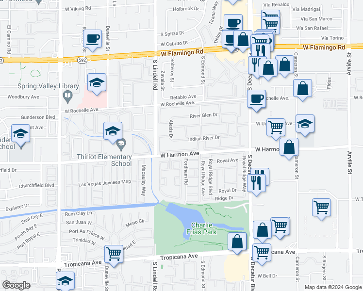 map of restaurants, bars, coffee shops, grocery stores, and more near 5250 Fordham Road in Las Vegas