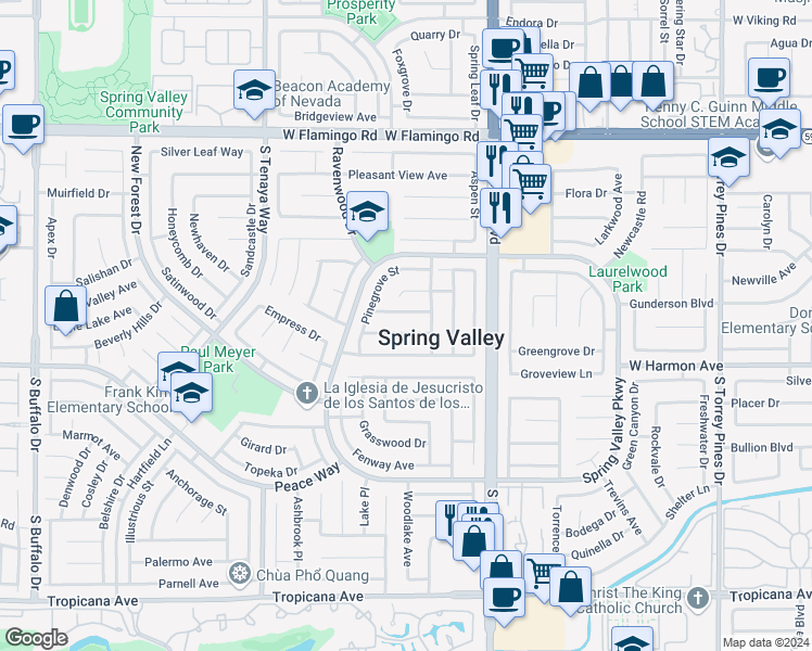 map of restaurants, bars, coffee shops, grocery stores, and more near 7073 Sprucewood Street in Las Vegas