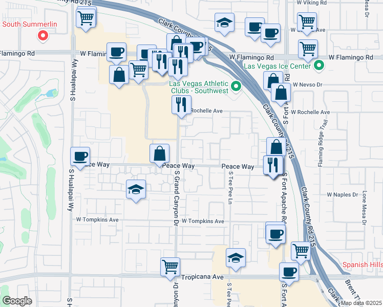 map of restaurants, bars, coffee shops, grocery stores, and more near 9720 Peace Way in Las Vegas