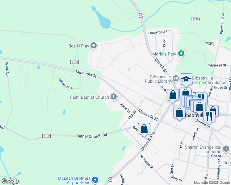 map of restaurants, bars, coffee shops, grocery stores, and more near 605 West Minneola Street in Gibsonville