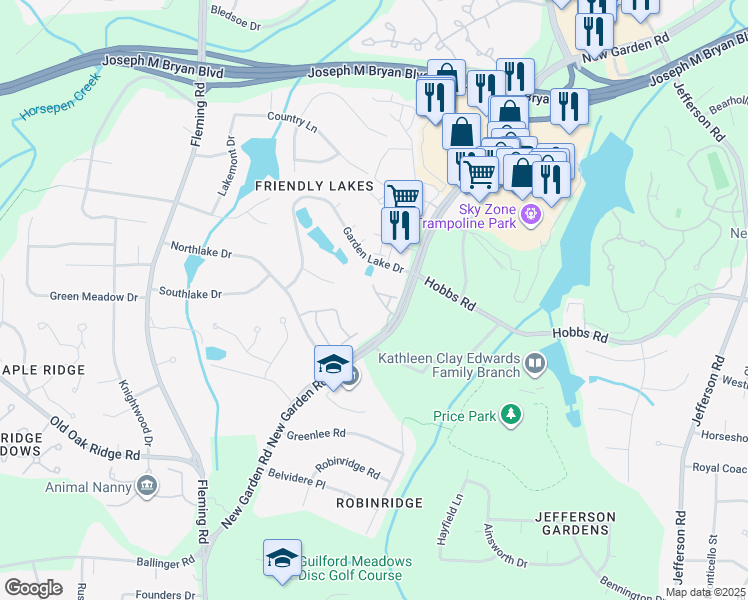 map of restaurants, bars, coffee shops, grocery stores, and more near 1419 New Garden Road in Greensboro