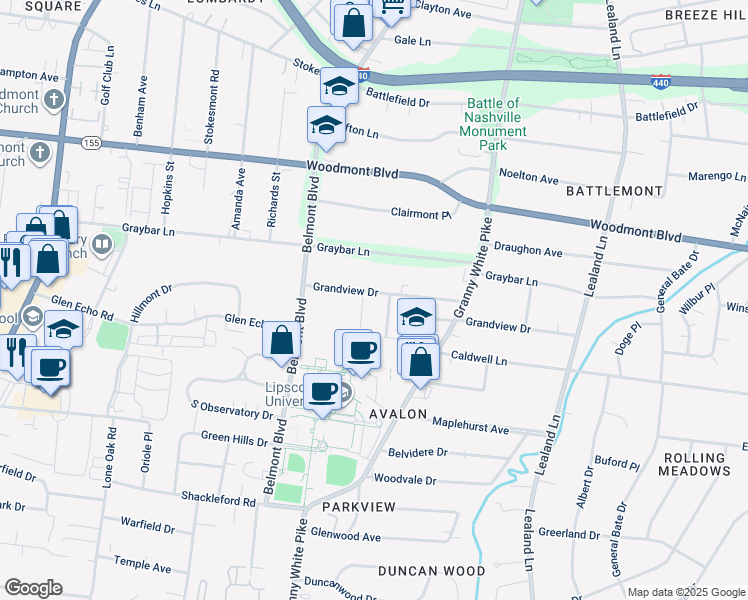 map of restaurants, bars, coffee shops, grocery stores, and more near 3702 Rosemont Avenue in Nashville