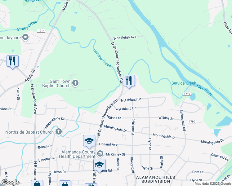 map of restaurants, bars, coffee shops, grocery stores, and more near 999 North Graham Hopedale Road in Burlington