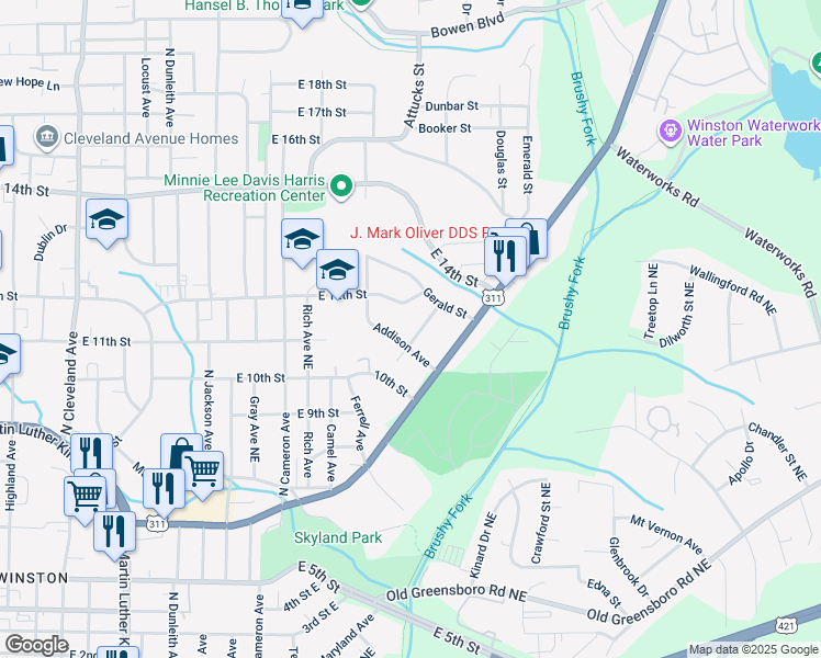 map of restaurants, bars, coffee shops, grocery stores, and more near 2308 Slater Avenue in Winston-Salem