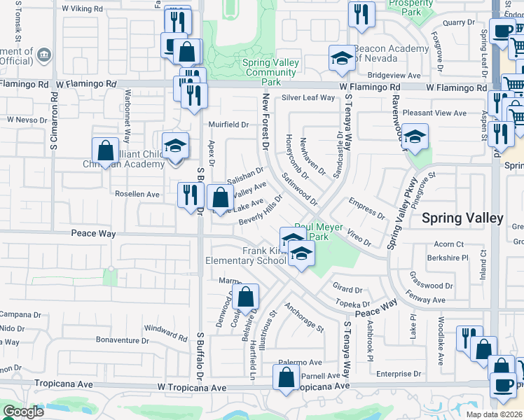 map of restaurants, bars, coffee shops, grocery stores, and more near 7605 Beverly Hills Drive in Las Vegas
