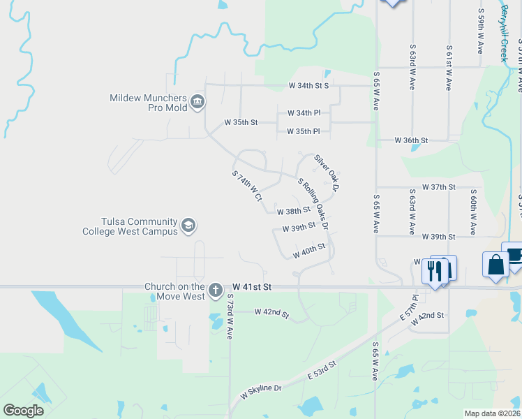 map of restaurants, bars, coffee shops, grocery stores, and more near 7428 West 38th Street in Tulsa