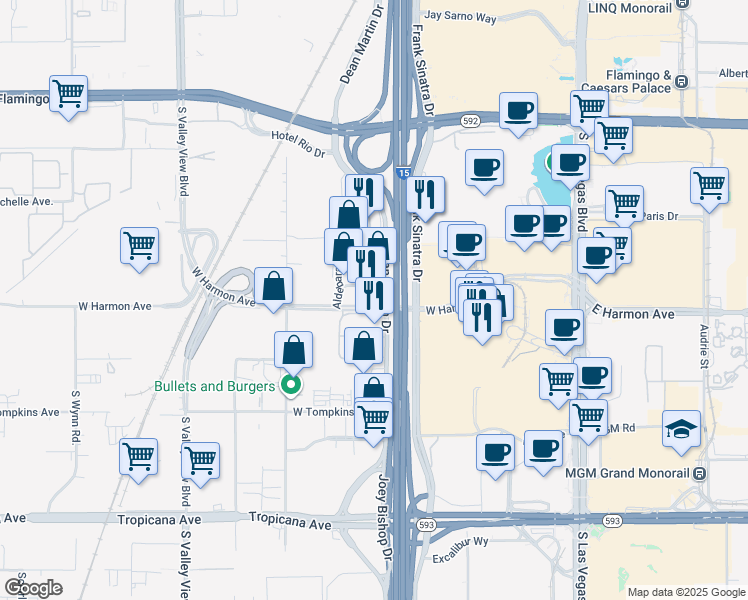 map of restaurants, bars, coffee shops, grocery stores, and more near 3801 Dean Martin Drive in Las Vegas