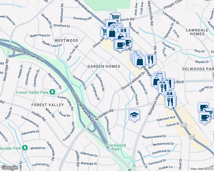 map of restaurants, bars, coffee shops, grocery stores, and more near 2707 Hill-N-Dale Drive in Greensboro