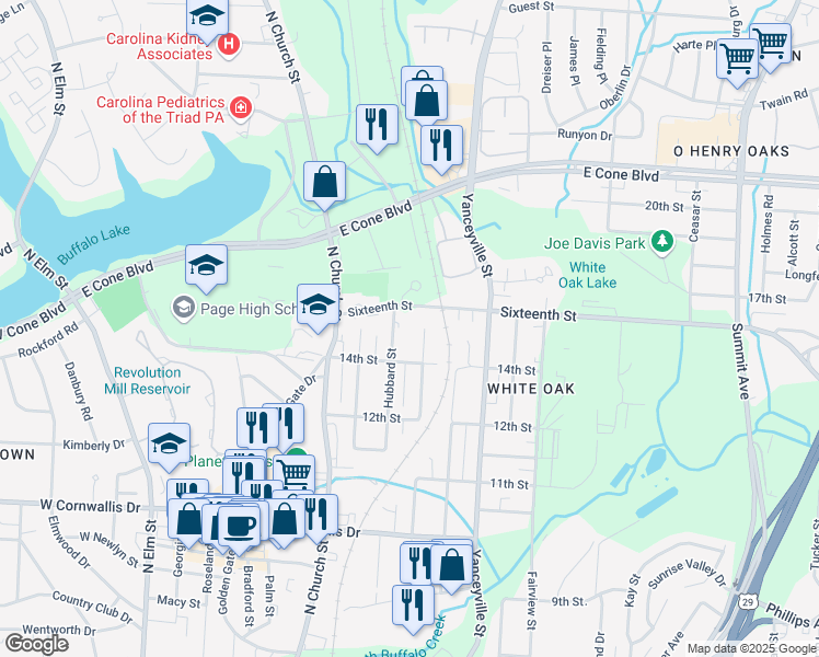 map of restaurants, bars, coffee shops, grocery stores, and more near 900 Sixteenth Street in Greensboro