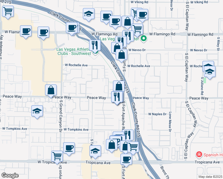 map of restaurants, bars, coffee shops, grocery stores, and more near 9470 Peace Way in Las Vegas