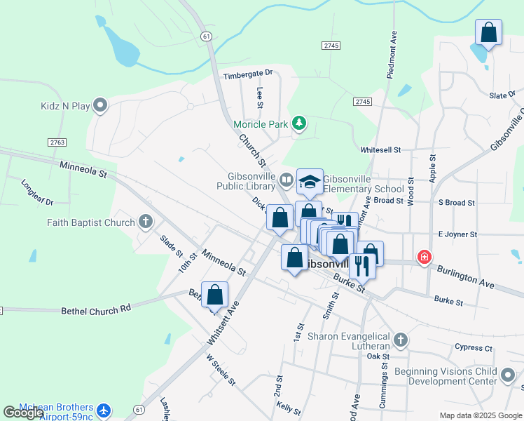 map of restaurants, bars, coffee shops, grocery stores, and more near 507 Dick Street in Gibsonville