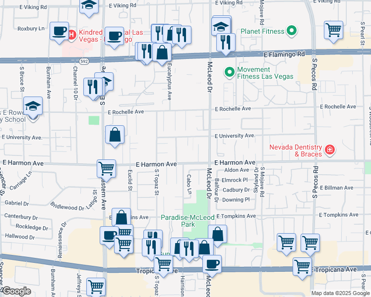 map of restaurants, bars, coffee shops, grocery stores, and more near 4441 Campus Circle in Las Vegas