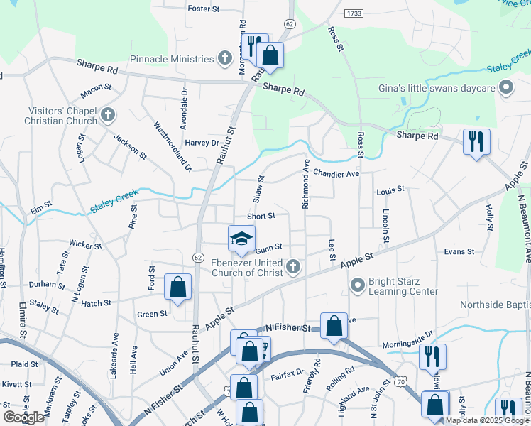 map of restaurants, bars, coffee shops, grocery stores, and more near 905 Short Street in Burlington