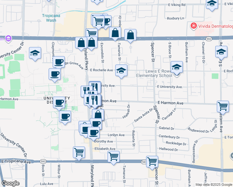 map of restaurants, bars, coffee shops, grocery stores, and more near 1420 East Harmon Avenue in Las Vegas