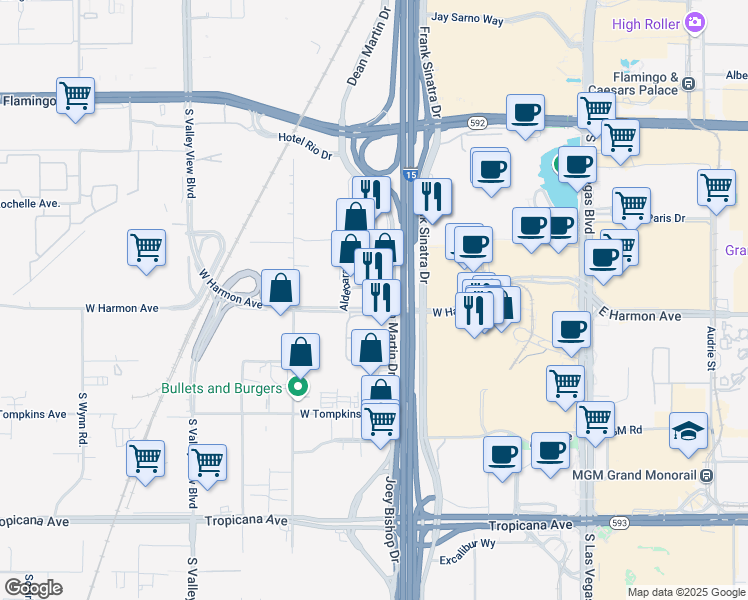map of restaurants, bars, coffee shops, grocery stores, and more near 3801 Dean Martin Drive in Las Vegas