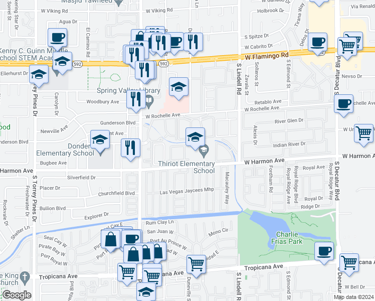 map of restaurants, bars, coffee shops, grocery stores, and more near 5870 West Harmon Avenue in Las Vegas